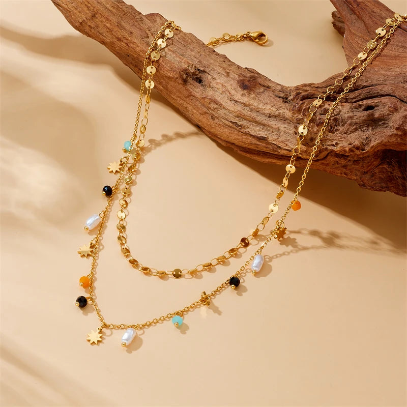 Pearl & Star Pendant Necklace | 316L Stainless Steel Gold Blade Chain, 2cm Pendant