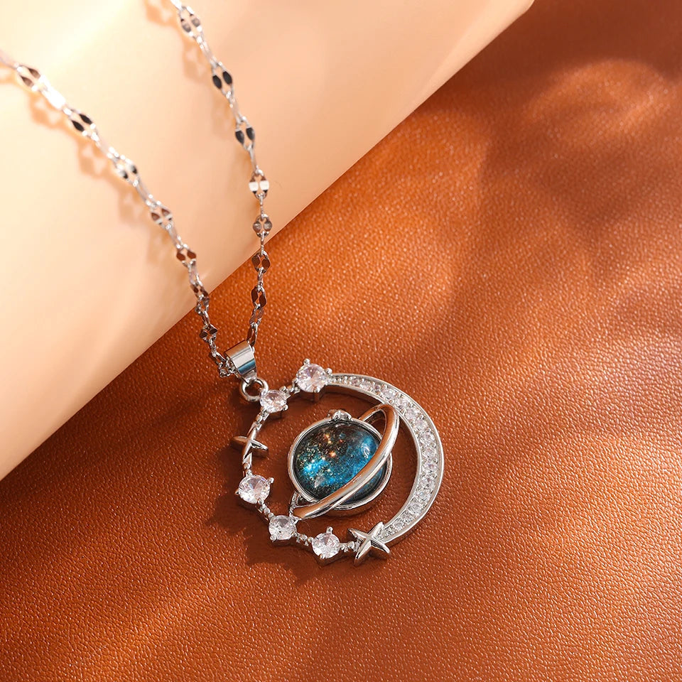 Star, Moon & Astronaut Pendant Necklace | Waterproof Titanium Steel with Zircon