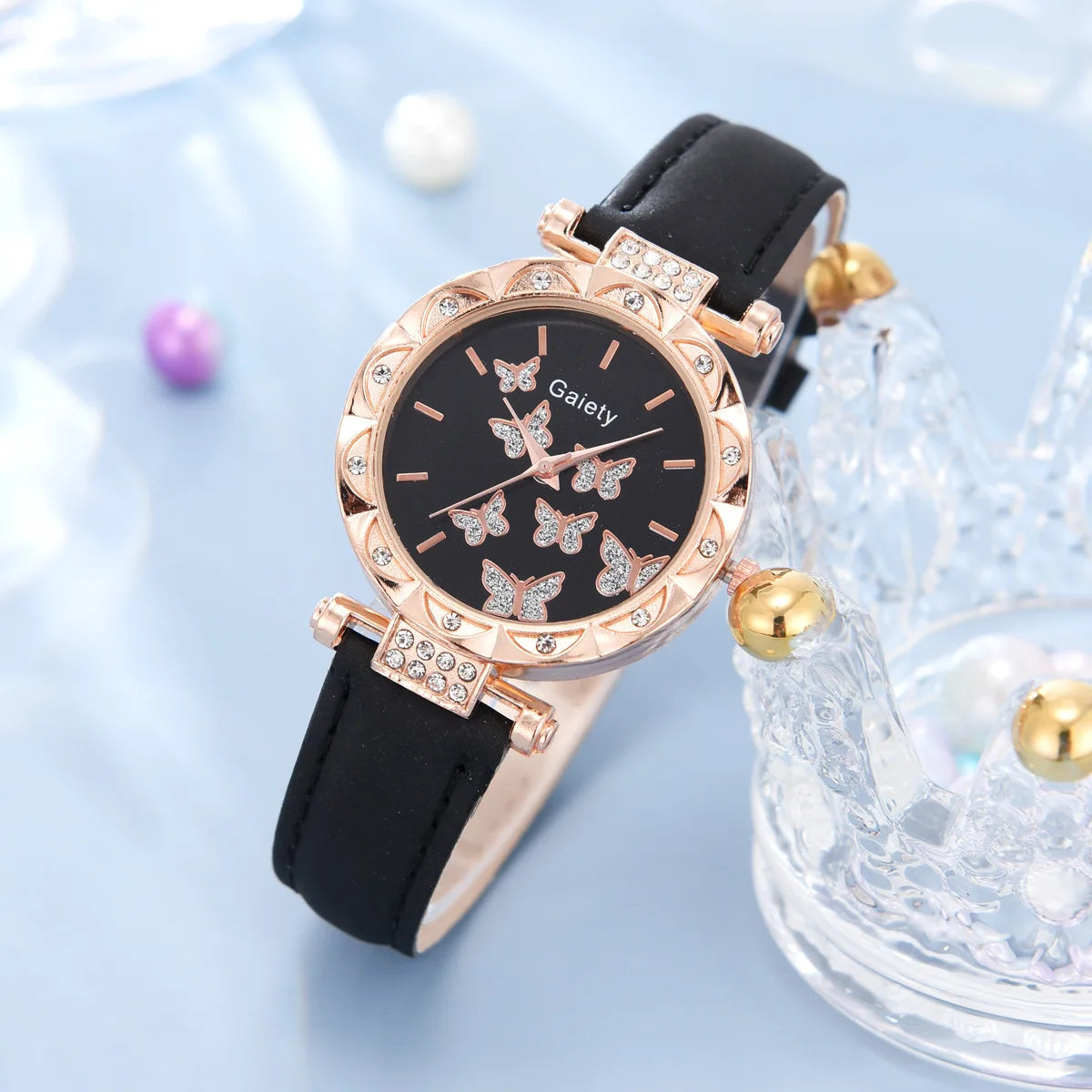 6-Piece Butterfly Watch & Jewellery Set | 33mm Numberless Dial, PU Leather Strap, Necklace, Bracelet, Ring & Earrings