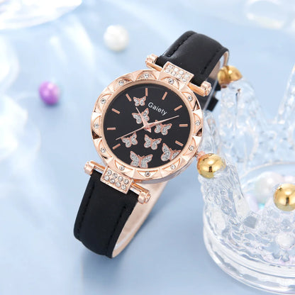 6-Piece Butterfly Watch & Jewellery Set | 33mm Numberless Dial, PU Leather Strap, Necklace, Bracelet, Ring & Earrings