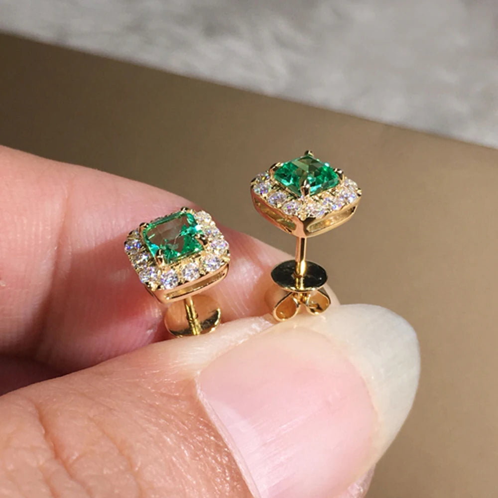 Green Cubic Zirconia Halo Stud Earrings | Gold-Tone Brass, Push-Back, 2.8g