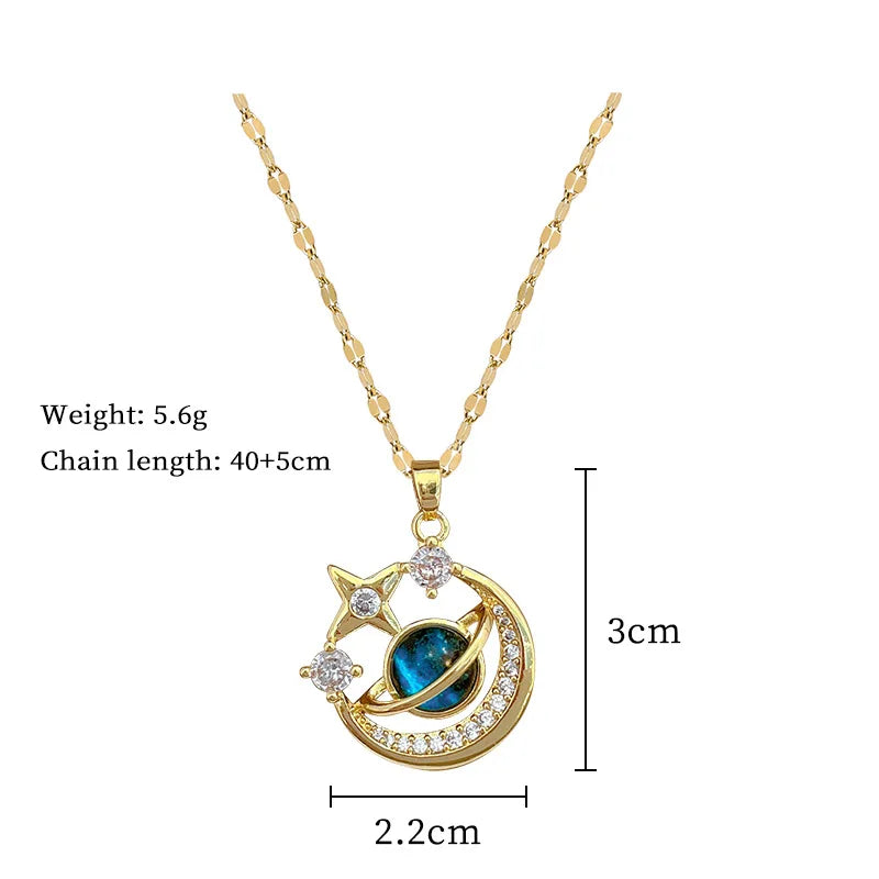 Star, Moon & Astronaut Pendant Necklace | Waterproof Titanium Steel with Zircon