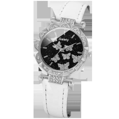 6-Piece Butterfly Watch & Jewellery Set | 33mm Numberless Dial, PU Leather Strap, Necklace, Bracelet, Ring & Earrings