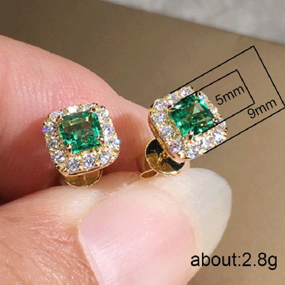 Green Cubic Zirconia Halo Stud Earrings | Gold-Tone Brass, Push-Back, 2.8g
