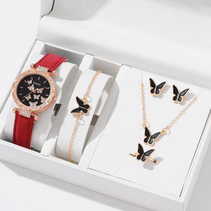 6-Piece Butterfly Watch & Jewellery Set | 33mm Numberless Dial, PU Leather Strap, Necklace, Bracelet, Ring & Earrings