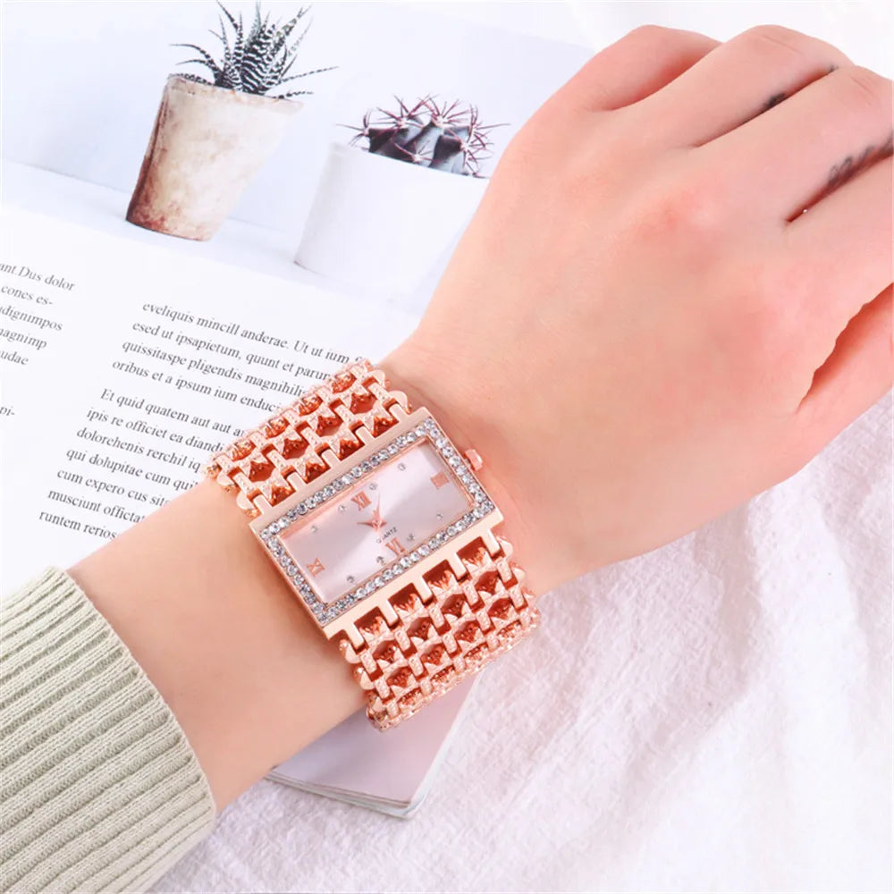 Gold-Tone Skeleton Cuff Watch | 35mm Wide Openwork Bangle with Square Rhinestone Dial