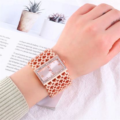 Gold-Tone Skeleton Cuff Watch | 35mm Wide Openwork Bangle with Square Rhinestone Dial