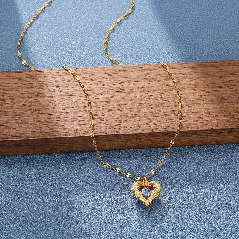Colourful Crystal Heart Pendant Necklace | 18K Gold-Plated 316L Stainless Steel