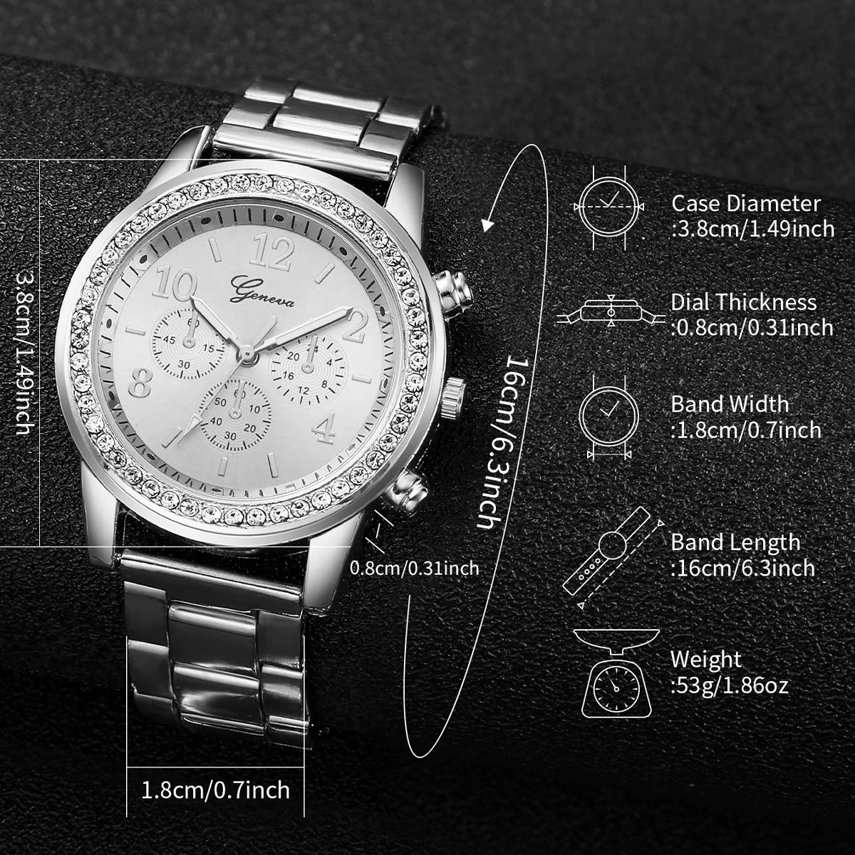 4-Piece Rhinestone Watch & Stackable Bracelet Set | 36-38mm Quartz Watch with 3 Bracelets