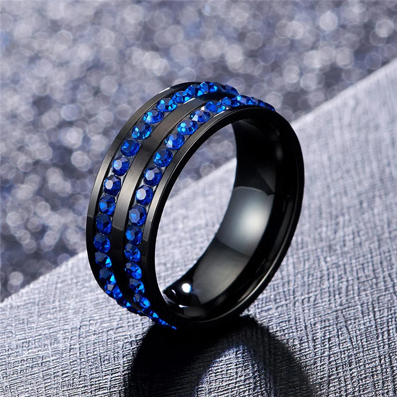 Matching Couple Rings | Black Stainless Steel & Blue Cubic Zirconia Bands