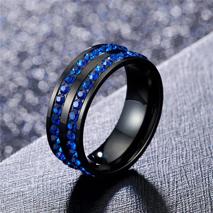Matching Couple Rings | Black Stainless Steel & Blue Cubic Zirconia Bands