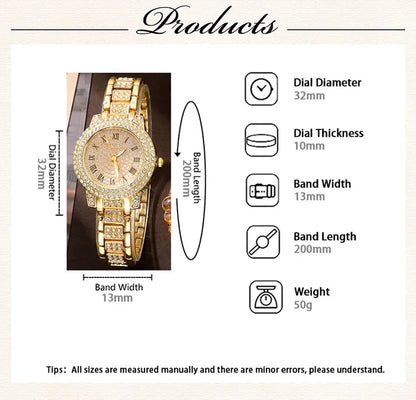 6-Piece Roman Numeral Watch & Rhinestone Jewellery Set | 32mm Quartz Watch, Necklace, Bracelet, Ring & Earrings