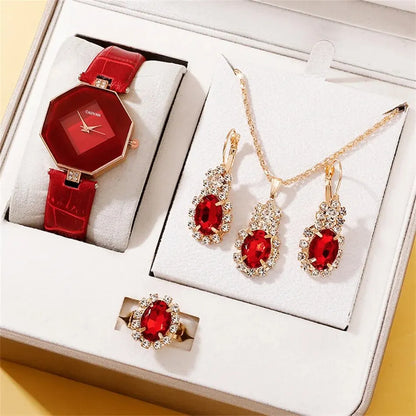 5-Piece Rhinestone Watch & Jewellery Set | Women's Quartz Watch with Necklace, Ring & Earrings