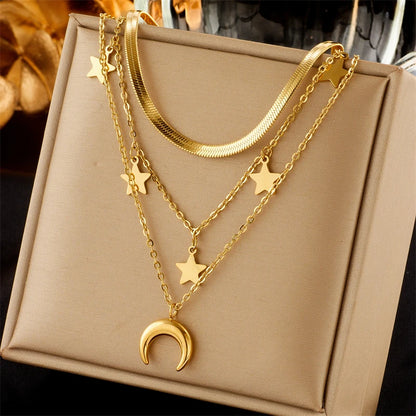 Multilayer Butterfly, Moon & Evil Eye Pendant Necklace | Waterproof 316L Stainless Steel