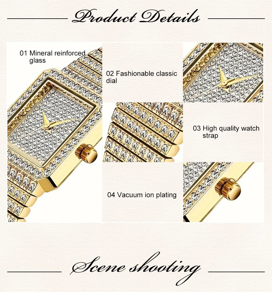 Gold Square Rhinestone Bracelet Watch for Women | Rhinestone Encrusted Quartz Timepiece