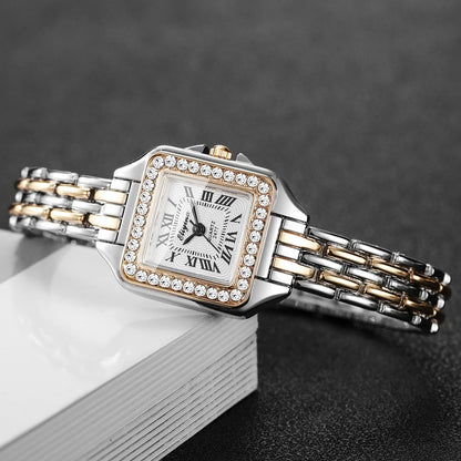 Rhinestone Square Watch | Gold-Tone Roman Numeral Dial & Slim Alloy Bracelet