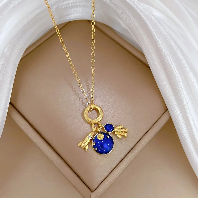 Star, Moon & Astronaut Pendant Necklace | Waterproof Titanium Steel with Zircon