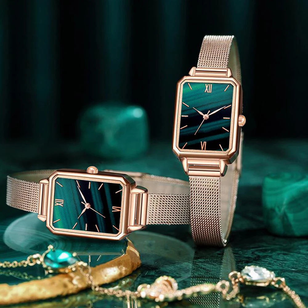 Green Dial Square Watch | Rose Gold Mesh Strap, 24mm, Roman Numerals, Quartz