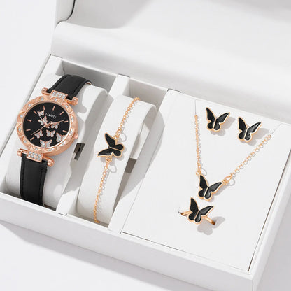 6-Piece Butterfly Watch & Jewellery Set | 33mm Numberless Dial, PU Leather Strap, Necklace, Bracelet, Ring & Earrings