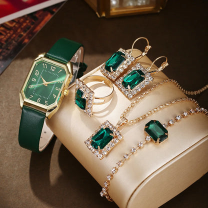 6-Piece Square Watch & Jewellery Set | 29mm Quartz Watch with Leather Strap, Necklace, Bracelet, Ring & Earrings