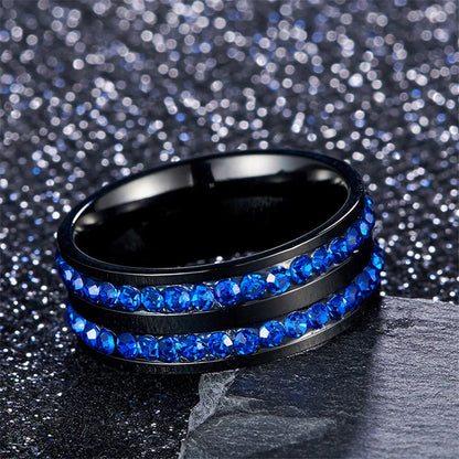Matching Couple Rings | Black Stainless Steel & Blue Cubic Zirconia Bands
