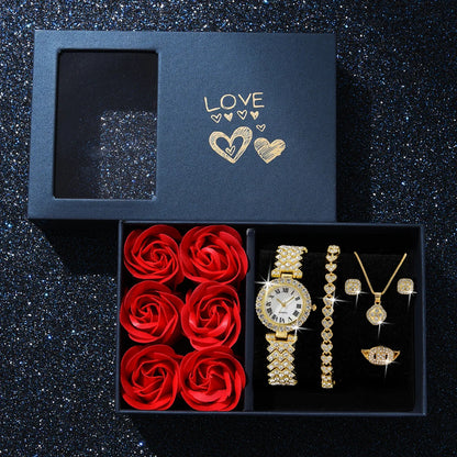 6-Piece Roman Numeral Watch & Jewellery Set | Rhinestone Watch, Necklace, Bracelets, Ring & Earrings