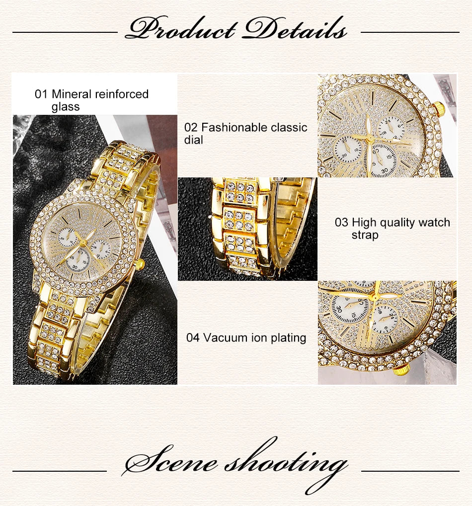 6-Piece Rhinestone Watch & Jewellery Set | Gold-Tone Quartz Watch with Necklace, Bracelet, Ring & Earrings