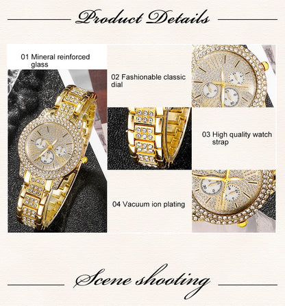 6-Piece Rhinestone Watch & Jewellery Set | Gold-Tone Quartz Watch with Necklace, Bracelet, Ring & Earrings
