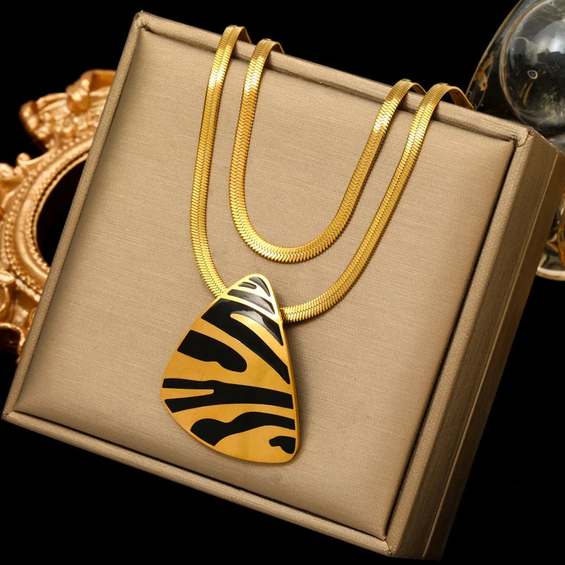 2-Layer Tiger Stripe Pendant Necklace | Waterproof 316L Stainless Steel, Round & Square Pendants