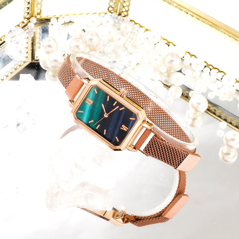 Green Dial Square Watch | Rose Gold Mesh Strap, 24mm, Roman Numerals, Quartz