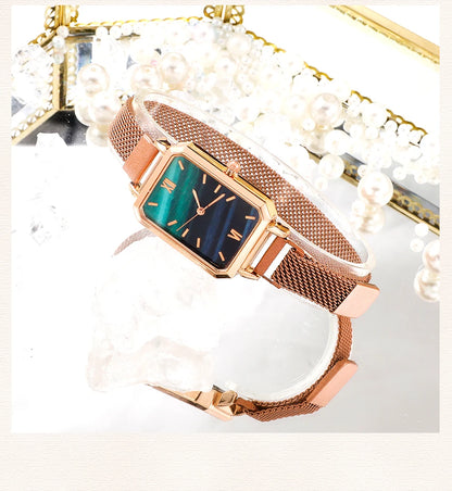 Green Dial Square Watch | Rose Gold Mesh Strap, 24mm, Roman Numerals, Quartz