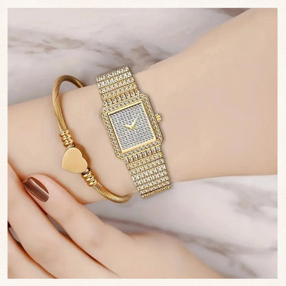 Gold Square Rhinestone Bracelet Watch for Women | Rhinestone Encrusted Quartz Timepiece
