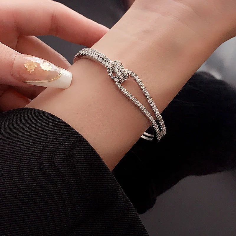 Elegant Golden Knot Cuff | Exquisite Full Zircon Minimalist Bangle for Weddings & Special Occasions