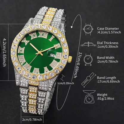 Rhinestone Calendar Watch | 42mm Roman Numeral Dial, Stainless Steel, 20mm Alloy Band