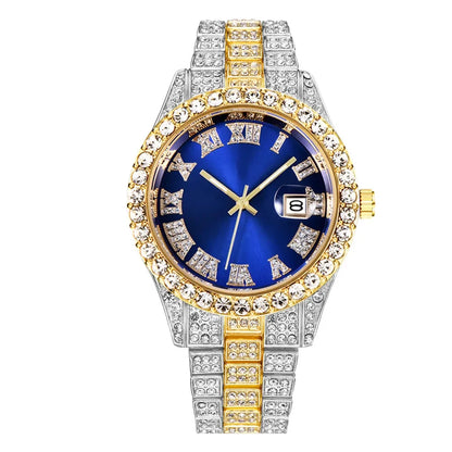 Rhinestone Calendar Watch | 42mm Roman Numeral Dial, Stainless Steel, 20mm Alloy Band