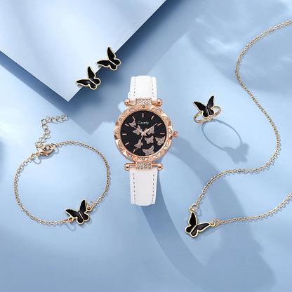 6-Piece Butterfly Watch & Jewellery Set | 33mm Numberless Dial, PU Leather Strap, Necklace, Bracelet, Ring & Earrings