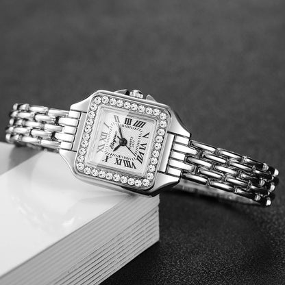 Rhinestone Square Watch | Gold-Tone Roman Numeral Dial & Slim Alloy Bracelet