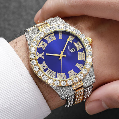 Rhinestone Calendar Watch | 42mm Roman Numeral Dial, Stainless Steel, 20mm Alloy Band