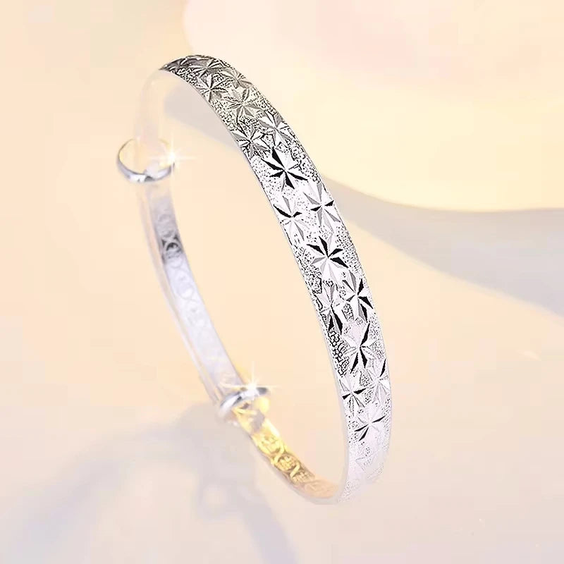 Star Pattern 925 Sterling Silver Resizable Bangle | Tarnish-Resistant Star Cuff for Women