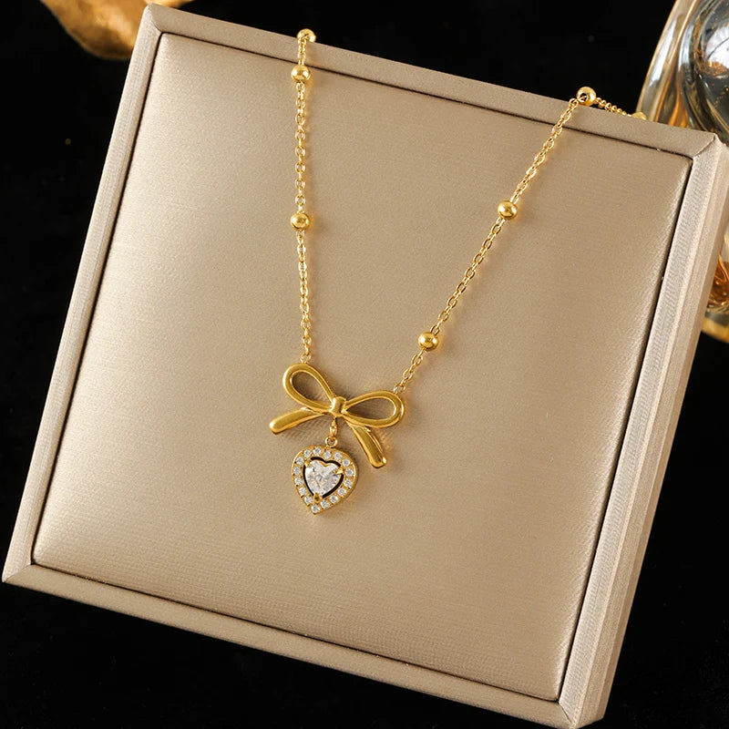 Sparkling Zircon Heart Pendant | Waterproof 316L Stainless Steel Clavicle Necklace