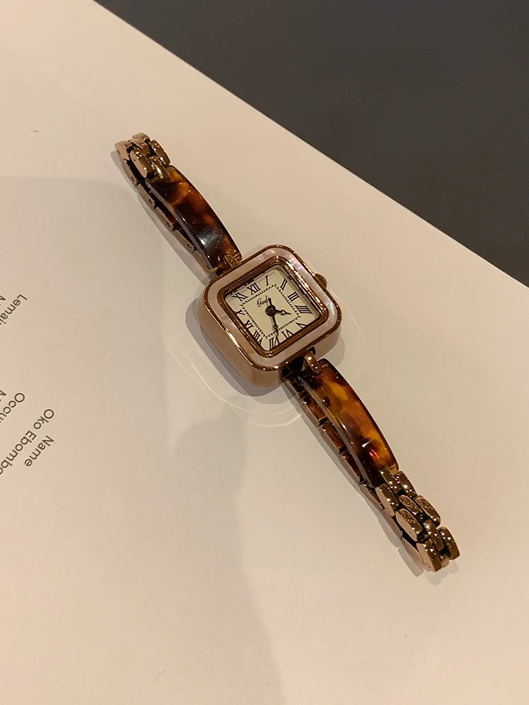 Vintage Square Amber-Tone Watch | 22mm Roman Numeral Stainless Steel Bracelet