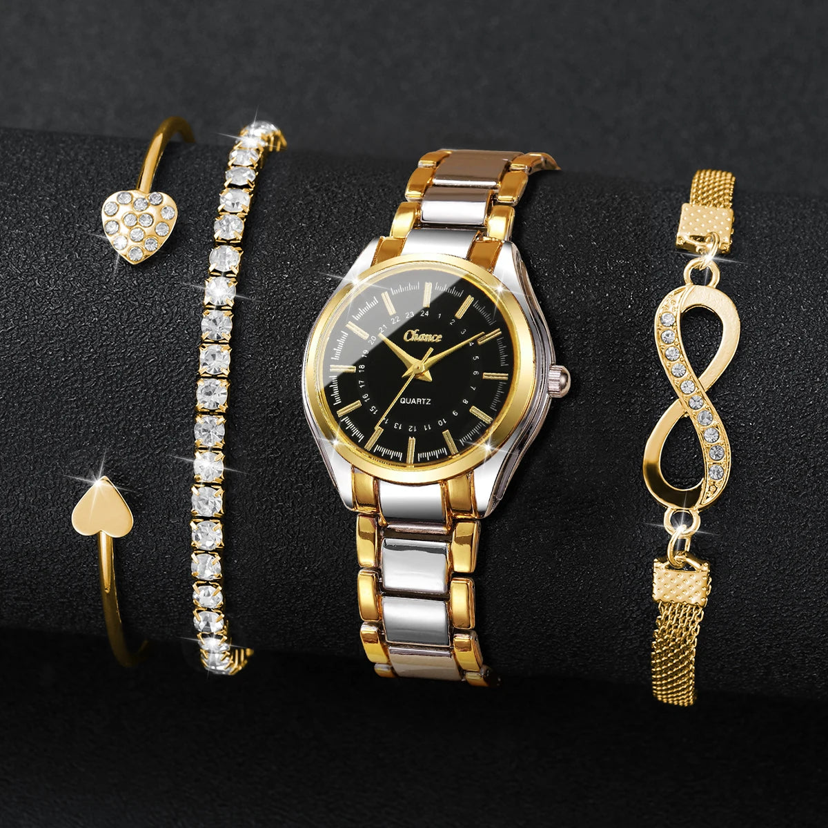 Dainty Small Dial 4-Piece Watch & Stackable Bracelet Set | Gold-Tone Quartz Wristwatch