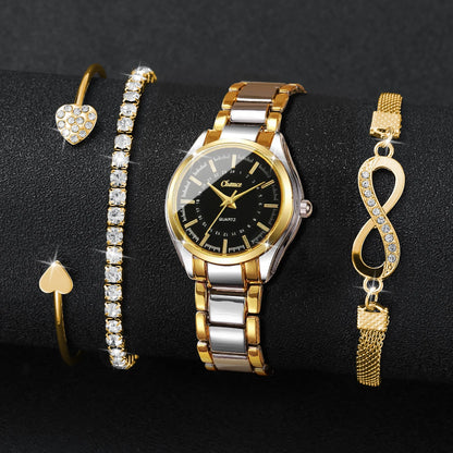 Dainty Small Dial 4-Piece Watch & Stackable Bracelet Set | Gold-Tone Quartz Wristwatch
