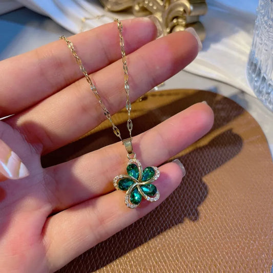 Lucky Emerald Flower Pendant | Waterproof 316L Stainless Steel Green Zircon Necklace