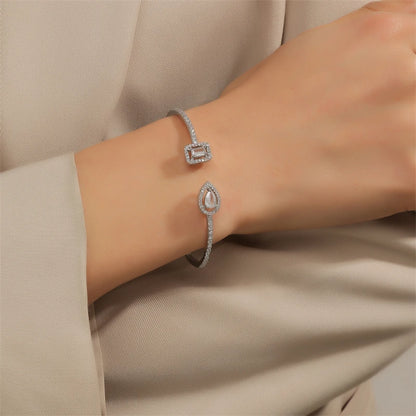 Geometric Gold Cuff Bangle | AAA+ Cubic Zirconia Tension Setting, Copper, 7g