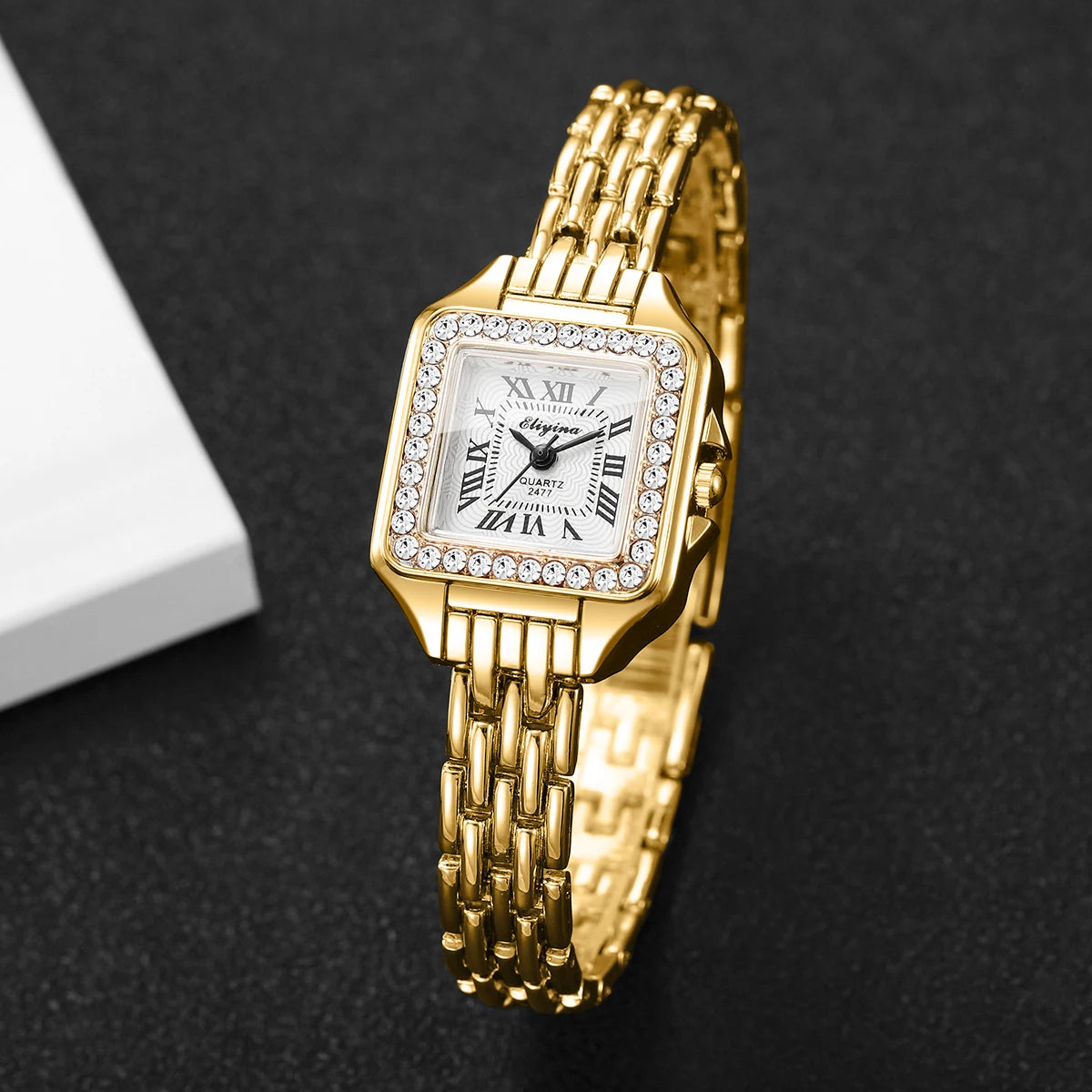 Luxe Rhinestone Square Watch | Elegant Roman Numeral Dial & Polished Gold-Tone Wristwatch