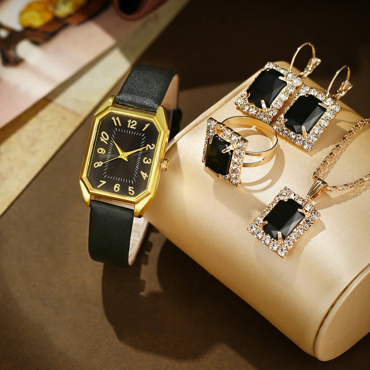 6-Piece Square Watch & Jewellery Set | 29mm Quartz Watch with Leather Strap, Necklace, Bracelet, Ring & Earrings