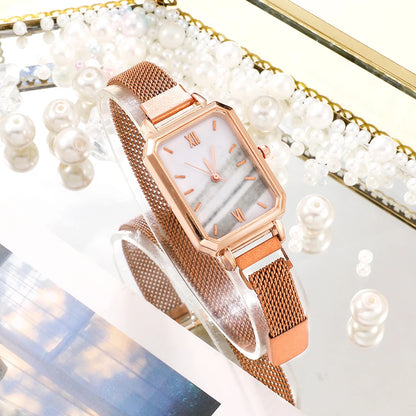 Green Dial Square Watch | Rose Gold Mesh Strap, 24mm, Roman Numerals, Quartz