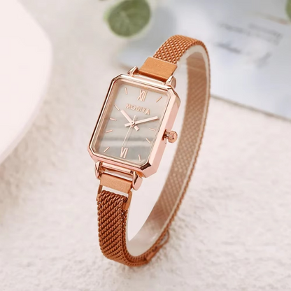 Green Dial Square Watch | Rose Gold Mesh Strap, 24mm, Roman Numerals, Quartz