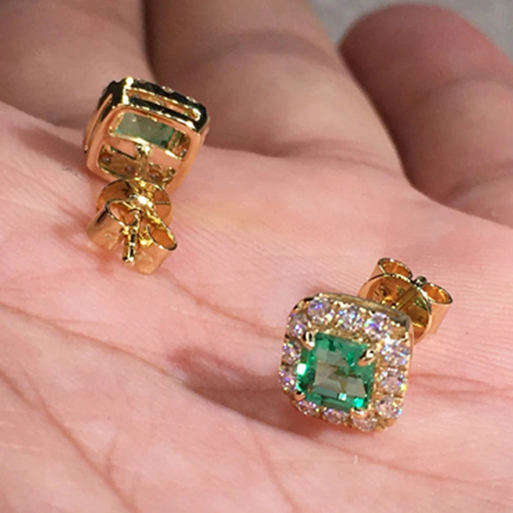 Green Cubic Zirconia Halo Stud Earrings | Gold-Tone Brass, Push-Back, 2.8g